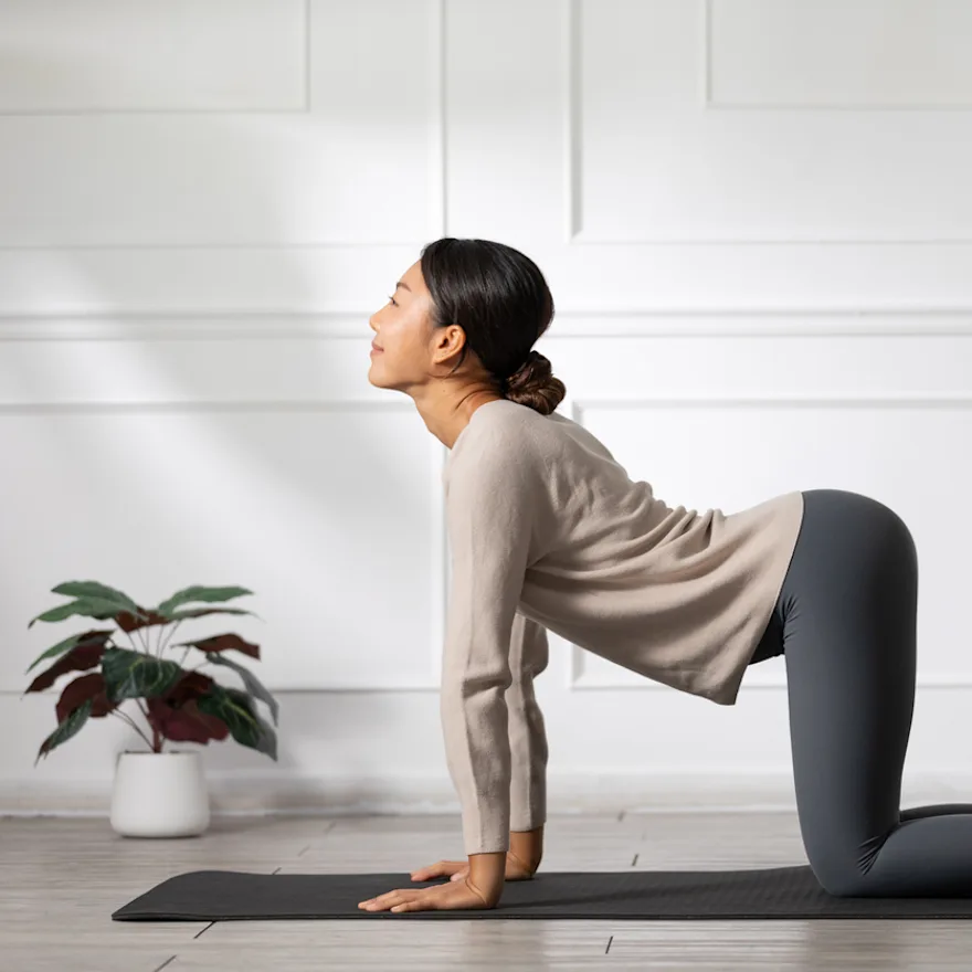 Woman in beige sweater performing yoga stretches on black mat in minimalist white room with potted plant