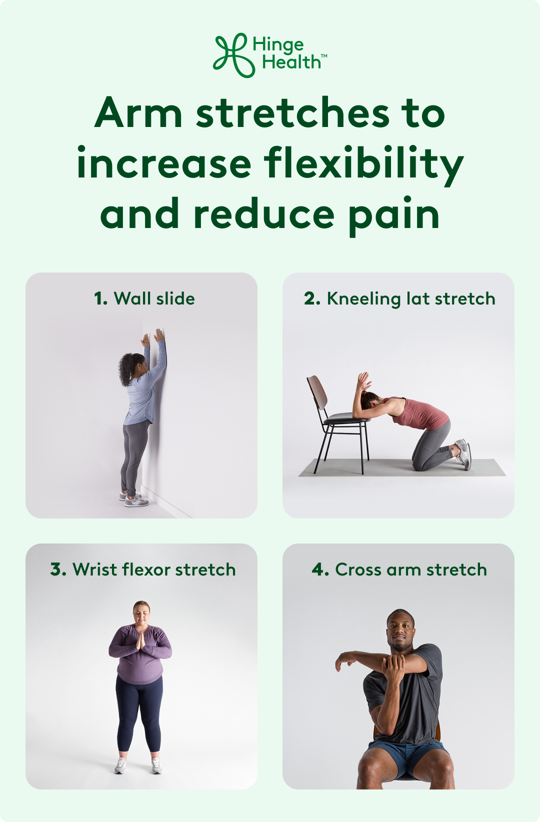 Arm stretches to increase flexibility and reduce pain, wall slide, kneeling lat stretch, wrist flexor stretch, cross arm stretch.