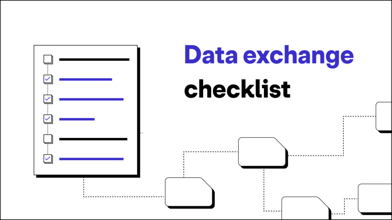 "Data exchange checklist" on a white background with icons representing files and a checklist