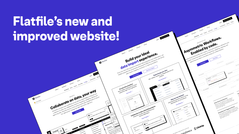 The words "Flatfile's new and improved website" on a purple background with black and white images of the website