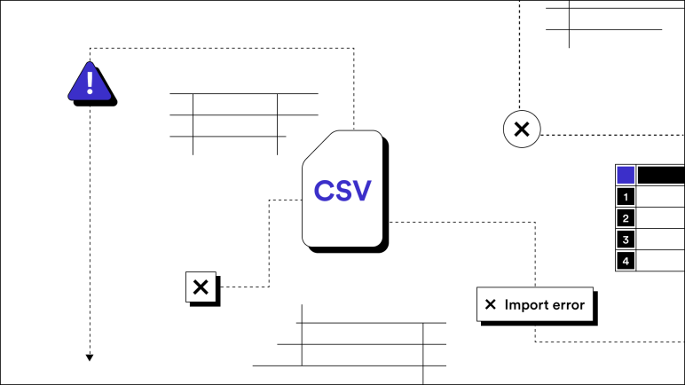 Icon representing a CSV file surrounded with icons representing data import errors