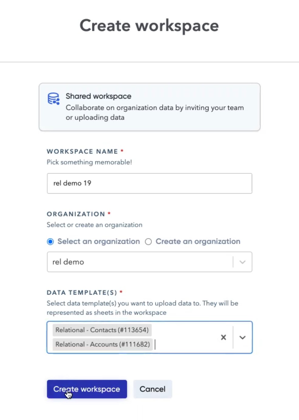 create workspaces screen with linked data templates