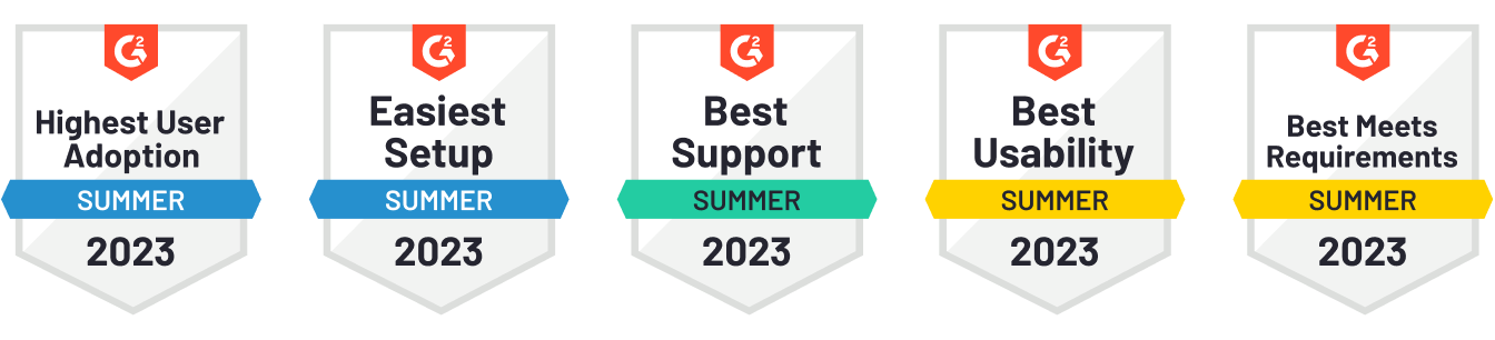 Flatfile's G2 badges: Highest user adoption, Summer 2023; Easiest setup, Summer 2023; Best support, Summer 2023; Best usability, Summer 2023; Best meets requirements, Summer 2023