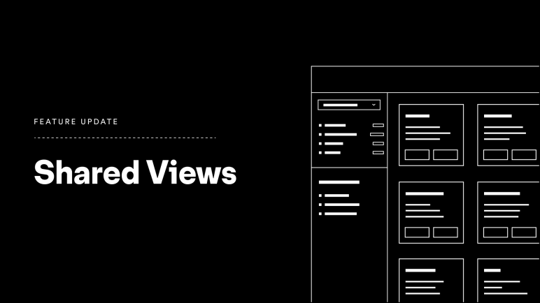 "Feature update - Shared Views" on a black background with icons representing data file views