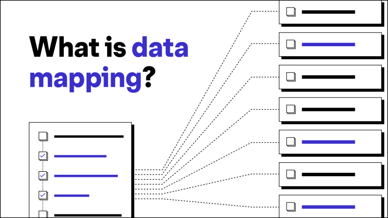 "What is data mapping?" on a white background with icons representing information being mapped into cells in a column