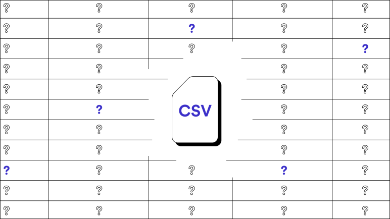 CSV file icon surrounded by question marks in a black and white table