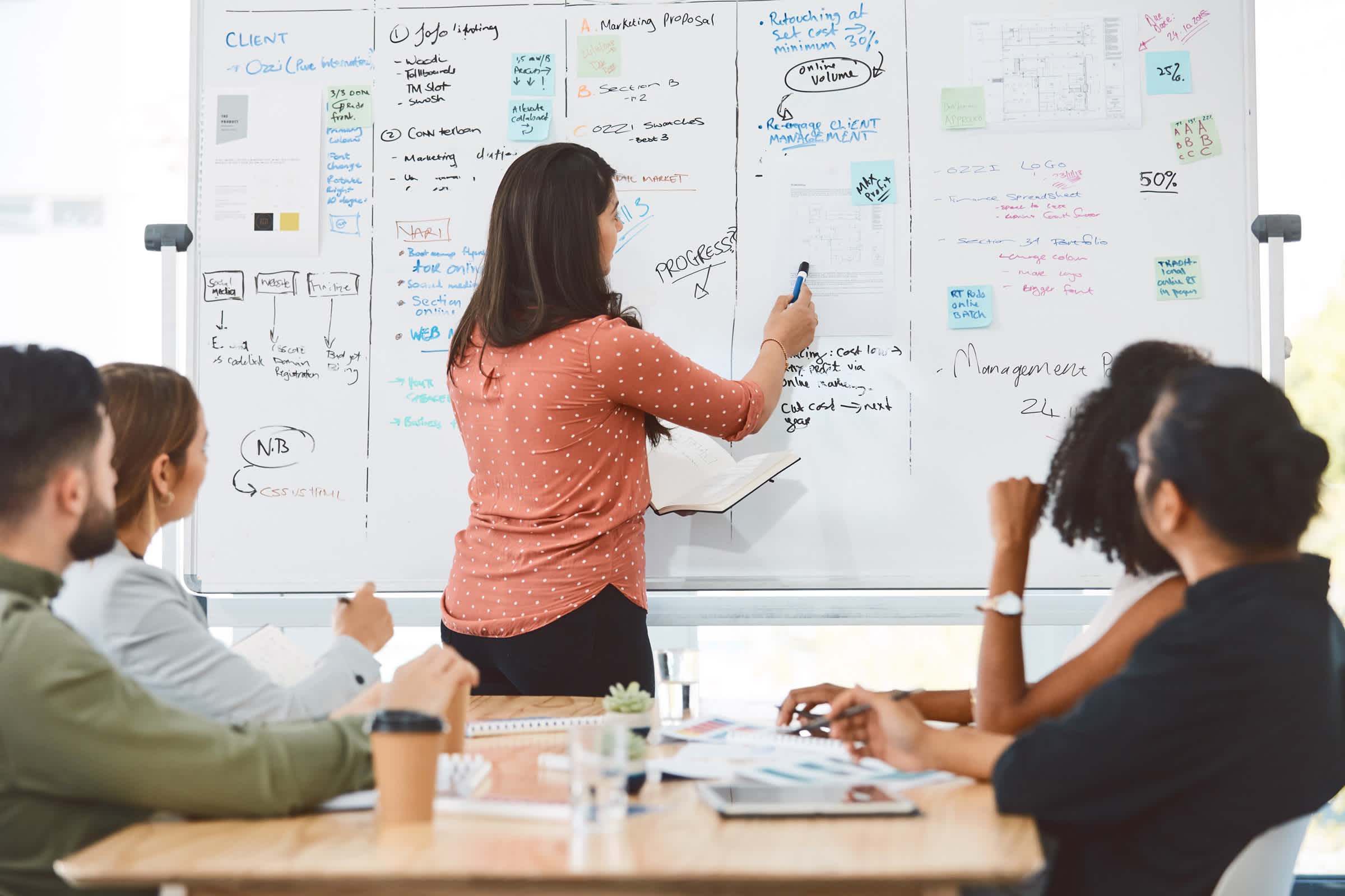 Woman leading brainstorming group in office