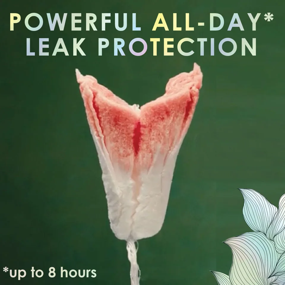 Tampon absorbing red liquid. All-day* leak protection (*up to 8 hours)