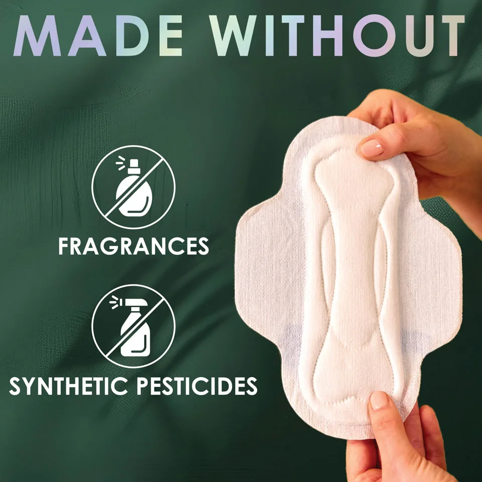 Woman’s hands holding L. pad. Made without fragrances or synthetic pesticides