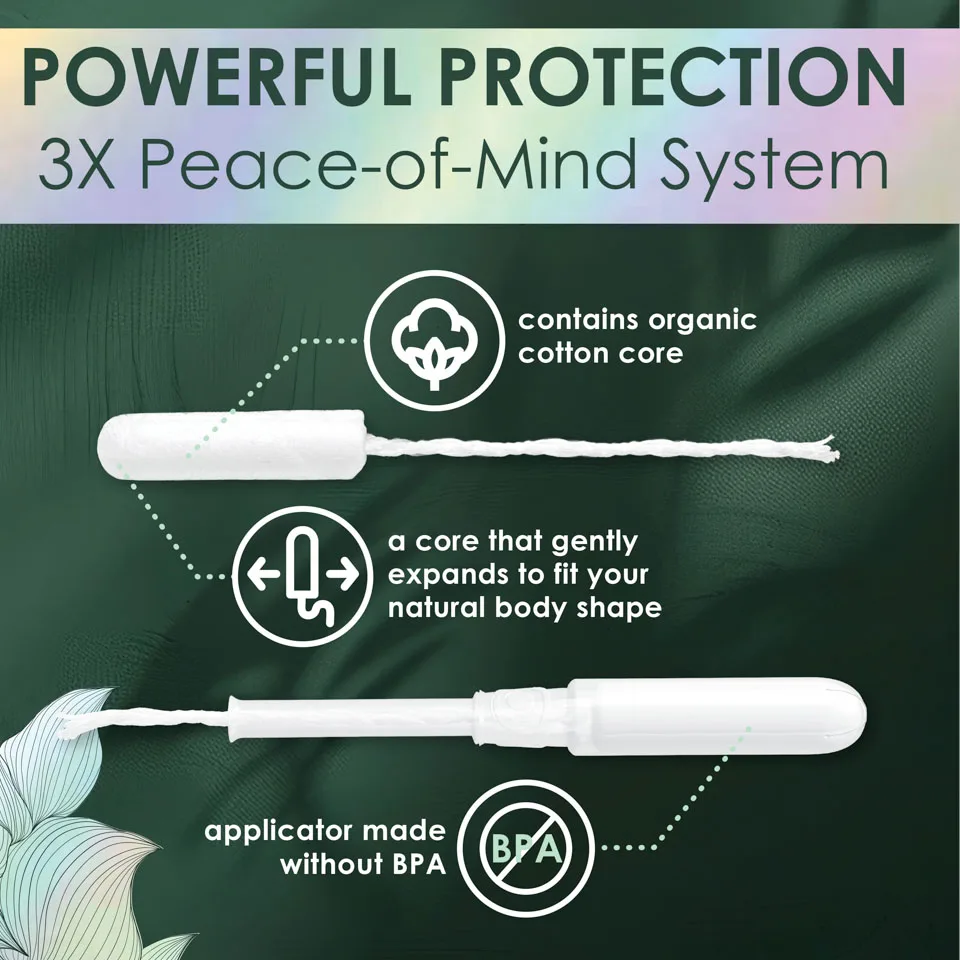 L. tampons provide powerful protection with a 3X peace-of-mind system. Contains an organic cotton core, a core that gently expands to fit your natural body type, and an applicator made without BPA