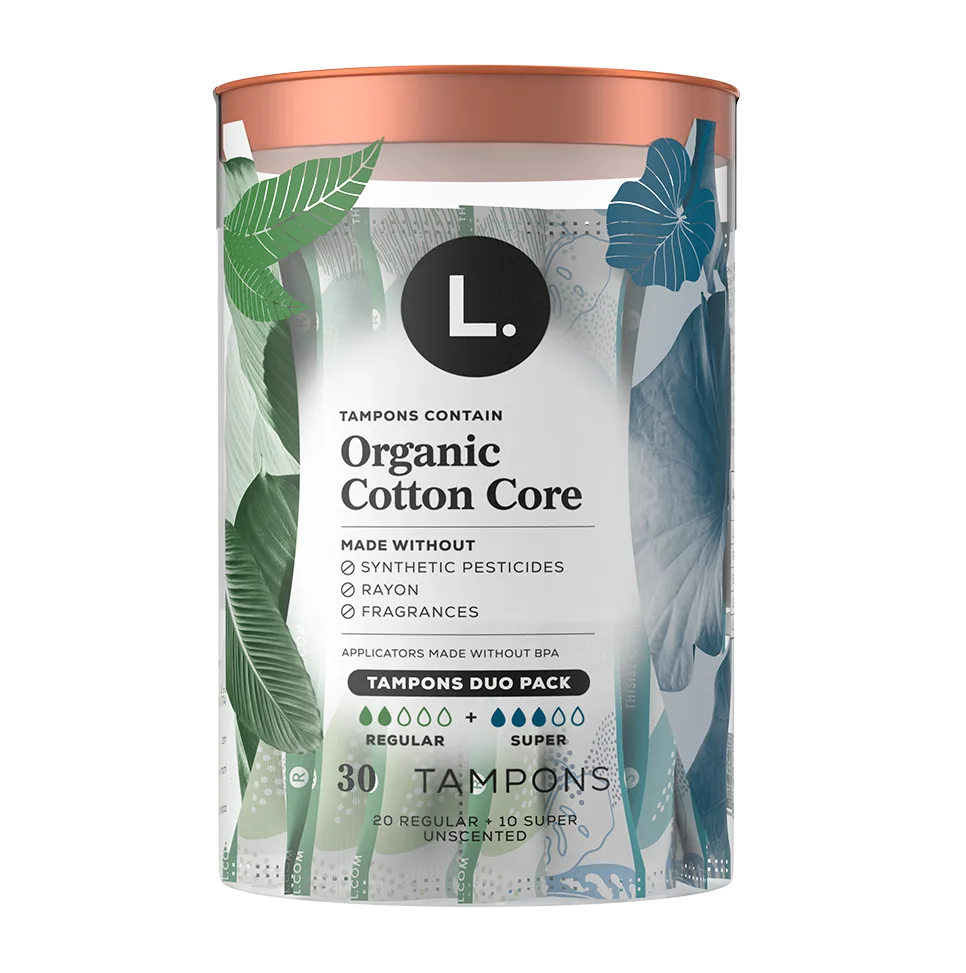 100% Organic Cotton Core. Organic Tampons packaging, a clear container with illustrated leaves on it and a bronze cap, 30 tampons