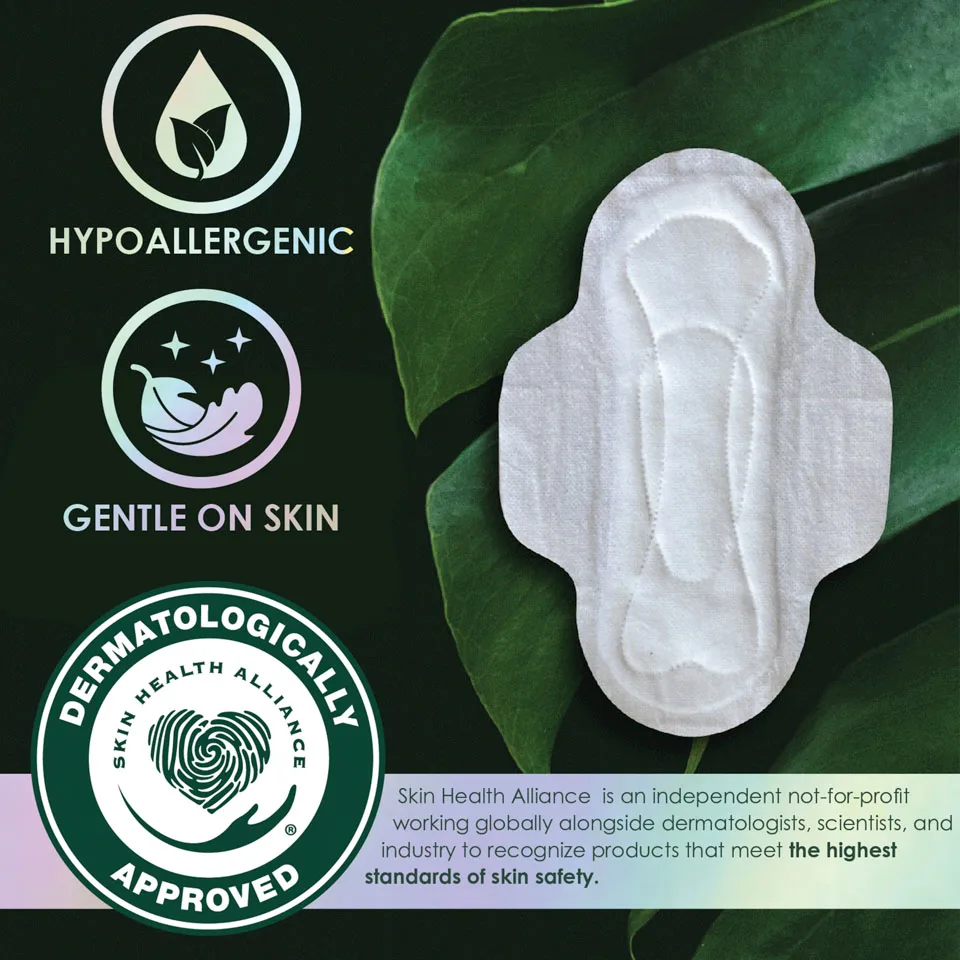 L. Pad next to two icons (hypoallergenic and gentle on skin). Skin Health Alliance is an independent not-for-profit working globally alongside dermatologists, scientists, and industry to recognize products that meet the highest standards of skin safety