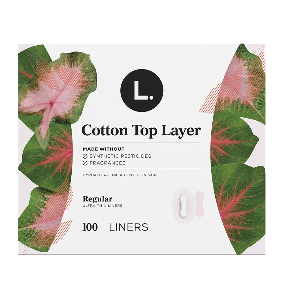 L. Cotton Top Layer regular ultra-thin liners packaging showing 100 liners made without synthetic pesticides or fragrances, hypoallergenic and gentle on skin.