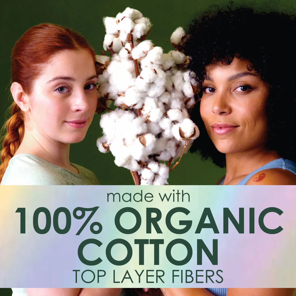 Two women smiling holding fluffy cotton. L. pads are made with 100% organic cotton top layer.