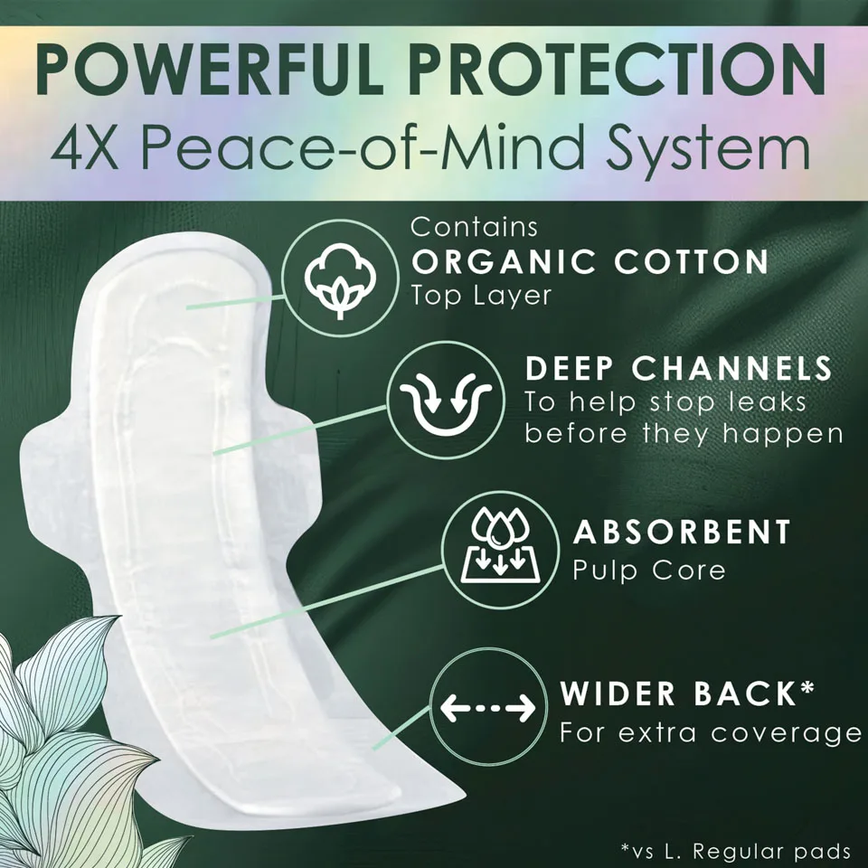Powerful protection 4X Peace-of-Mind System: 1) Contains organic cotton top layer 2) Deep channels to help stop leaks before they happen 3) Absorbent pulp core 4) Wider Back* for Extra Coverage *vs L. Regular pads
