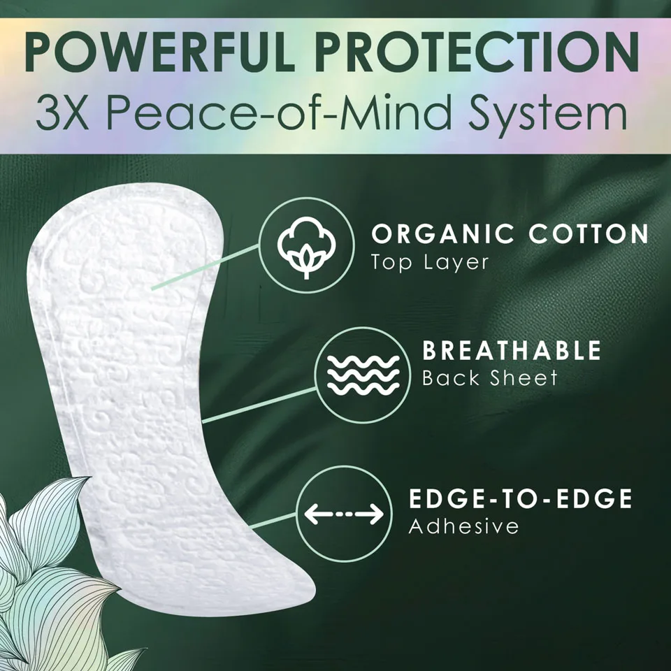 Powerful protection 3X Peace-of-Mind System: 1) Breathable Backsheet 2) Organic Cotton Top Layer 3) Edge to Edge Adhesive