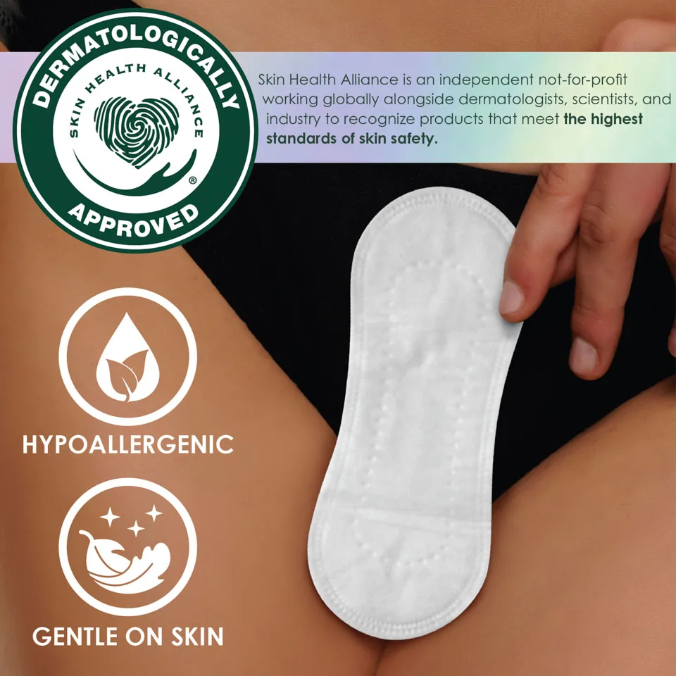 L. liner next to two icons (hypoallergenic and gentle on skin). Skin Health Alliance is an independent not-for-profit working globally alongside dermatologists, scientists, and industry to recognize products that meet the highest standards of skin safety