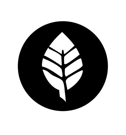 A white leaf logo on a black background.