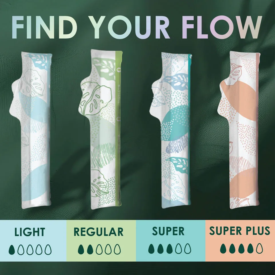L. tampon lineup. Light, regular, super, and super plus tampons, showing the different absorbencies for different flows.