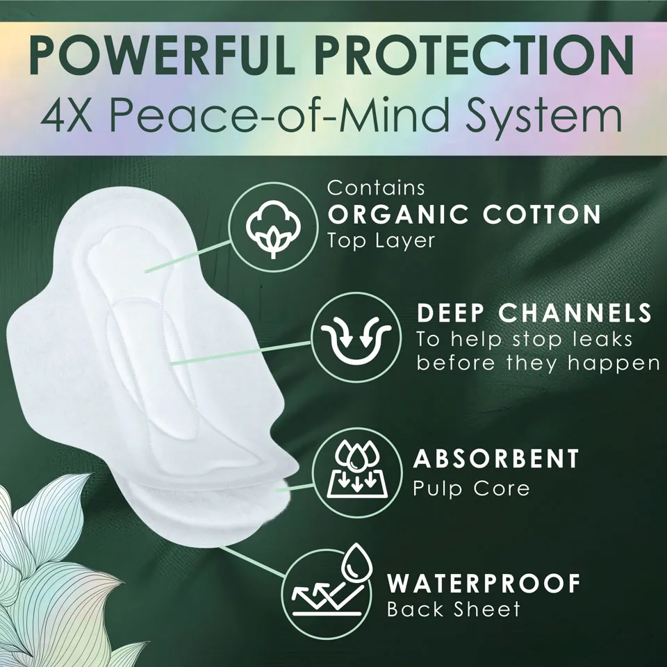 L. pads provide powerful protection with a 4X peace-of-mind system. Organic cotton top layer, deep channels to help stop leaks before they happen, absorbent pulp core, and waterproof back sheet