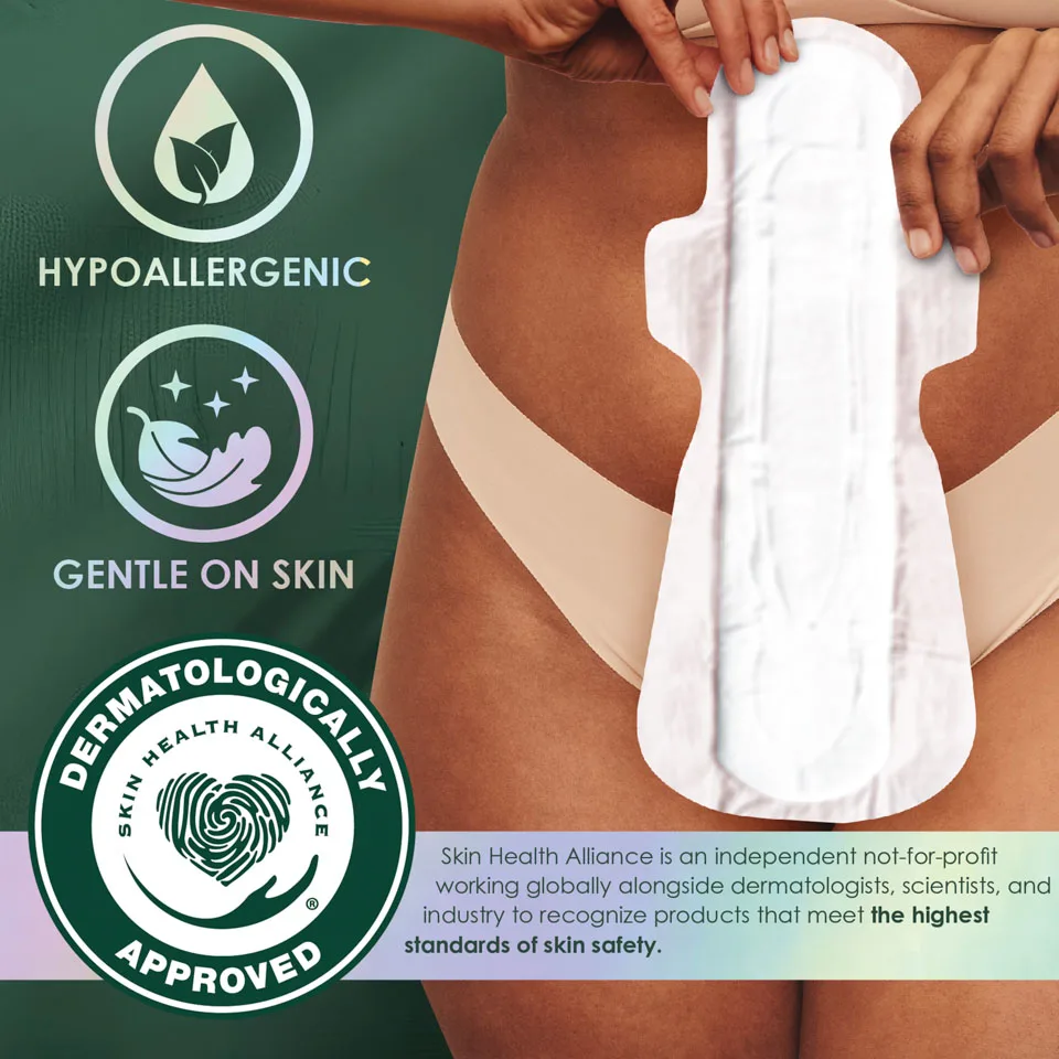 L. Pad next to two icons (hypoallergenic and gentle on skin). Skin Health Alliance is an independent not-for-profit working globally alongside dermatologists, scientists, and industry to recognize products that meet the highest standards of skin safety