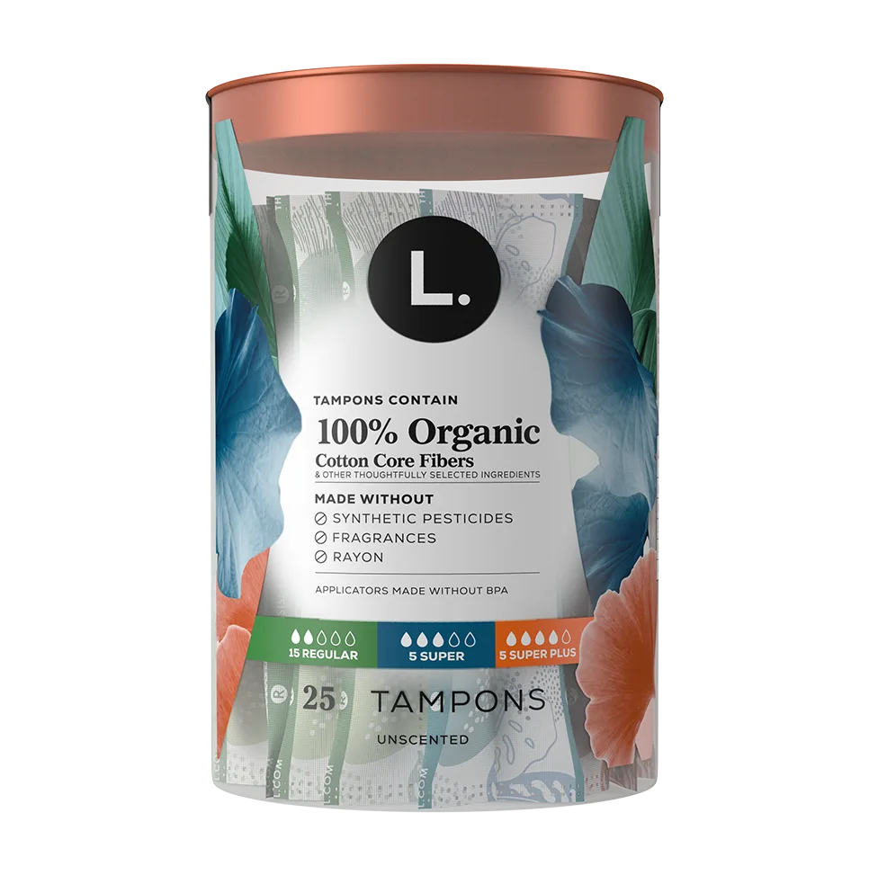 Organic regular, super and super plus tampons with a 100% cotton core 