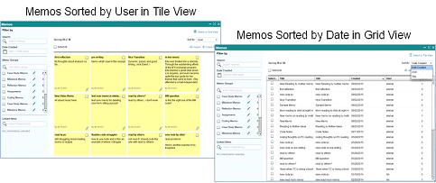 Screenshot of Tile and Grid View of the Memo Workspace