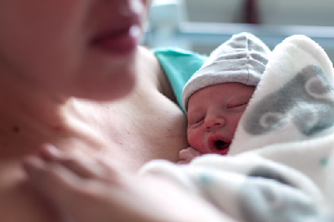 A Newborn baby boy breastfeeding for the first time. A Newborn baby boy breastfeeding for the first time.