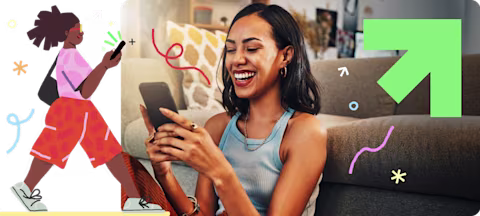 Illustration and image of a happy woman on her phone using the nib app Illustration and image of a happy woman on her phone using the nib app
