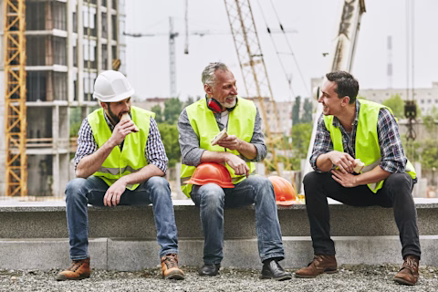 Three workmen eating lunch while talking Three workmen eating lunch while talking