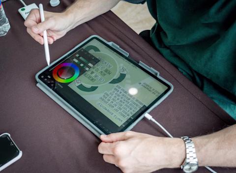 Close up shot of a designer interacting with a tablet