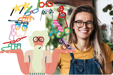 Illustration of a man holding multiple eye glasses. Next to it, a photo of woman wearing glasses Illustration of a man holding multiple eye glasses. Next to it, a photo of woman wearing glasses