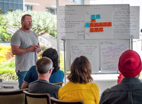 A male nib employee in front of a whiteboard, presenting at a workshop