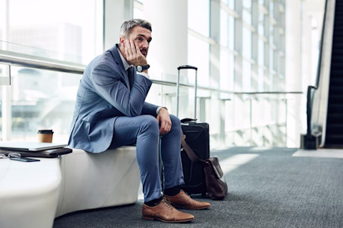 Businessperson sitting at an airport, bored. Businessperson sitting at an airport, bored.