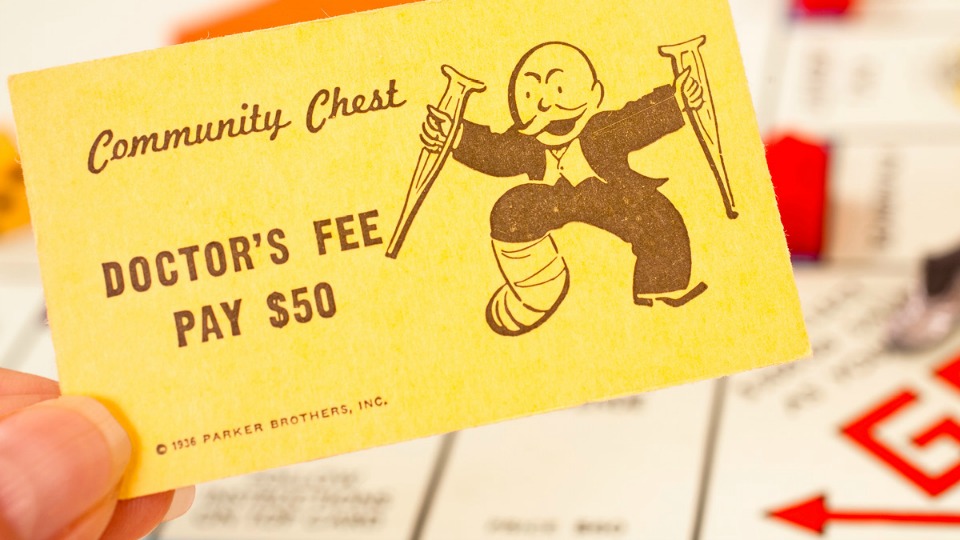 Monopoly Community Chest featuring the Doctor's Fee card