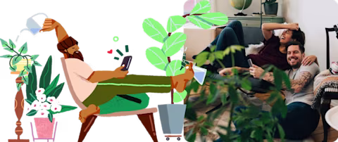 Illustration of a man relaxed on a chair using the nib App, next to a stock image of a happy couple using their phones on a couch Illustration of a man relaxed on a chair using the nib App, next to a stock image of a happy couple using their phones on a couch