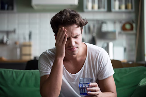 Male on the couch with a headache Male on the couch with a headache