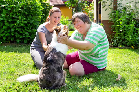 Two women sit on the grass in the sun, patting a dog who is sitting in front of them Two women sit on the grass in the sun, patting a dog who is sitting in front of them