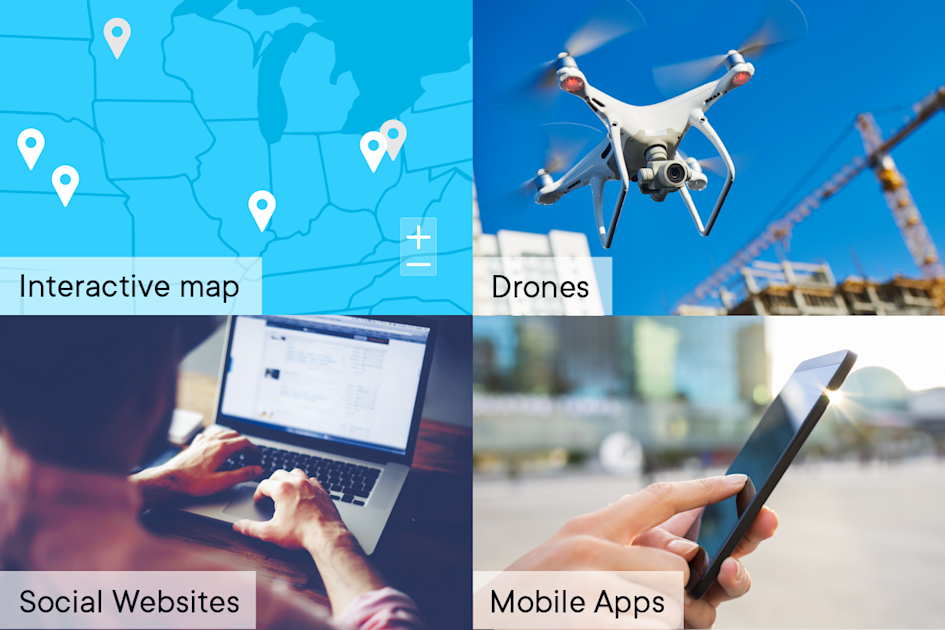 4 panel image of:
Interactive map
Show facebook on a computer
Show a mobile app
A drone