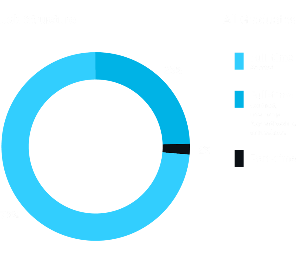 Job structure. All programs: 73% full-time salary, 25% full-time contract or freelance, 2% part-time.