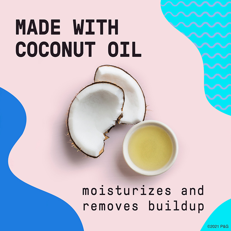 Made with coconut oil. Moisturizes and removes buildup.