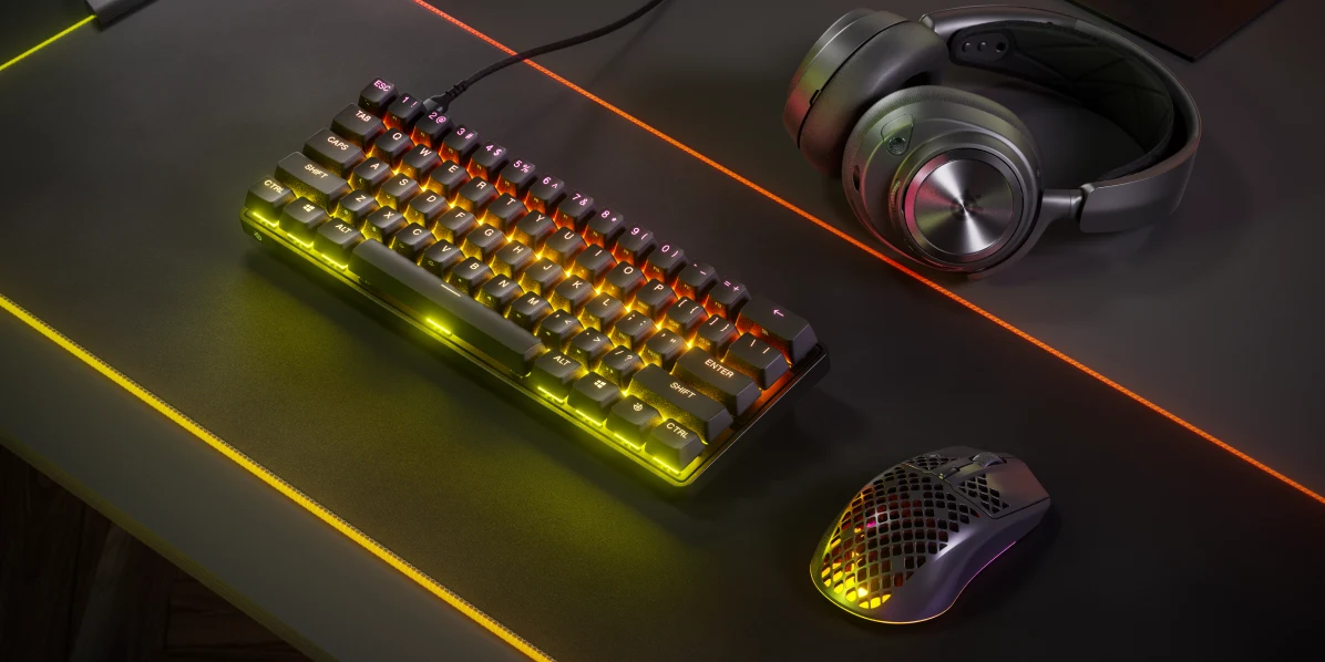 SteelSeries Apex Pro Mini keyboard on a gaming desk