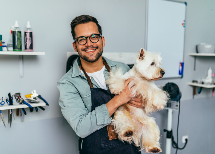 man grooming dog