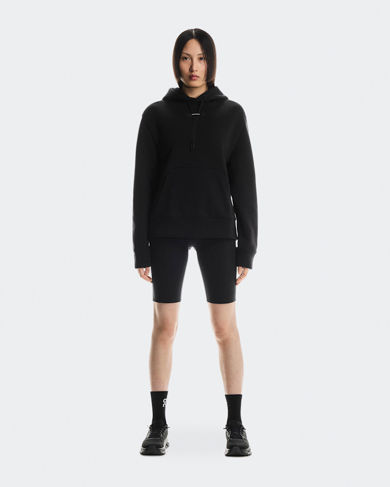 On Women's Focus Tech Hoodie in Black, Size: Medium, Polyester
