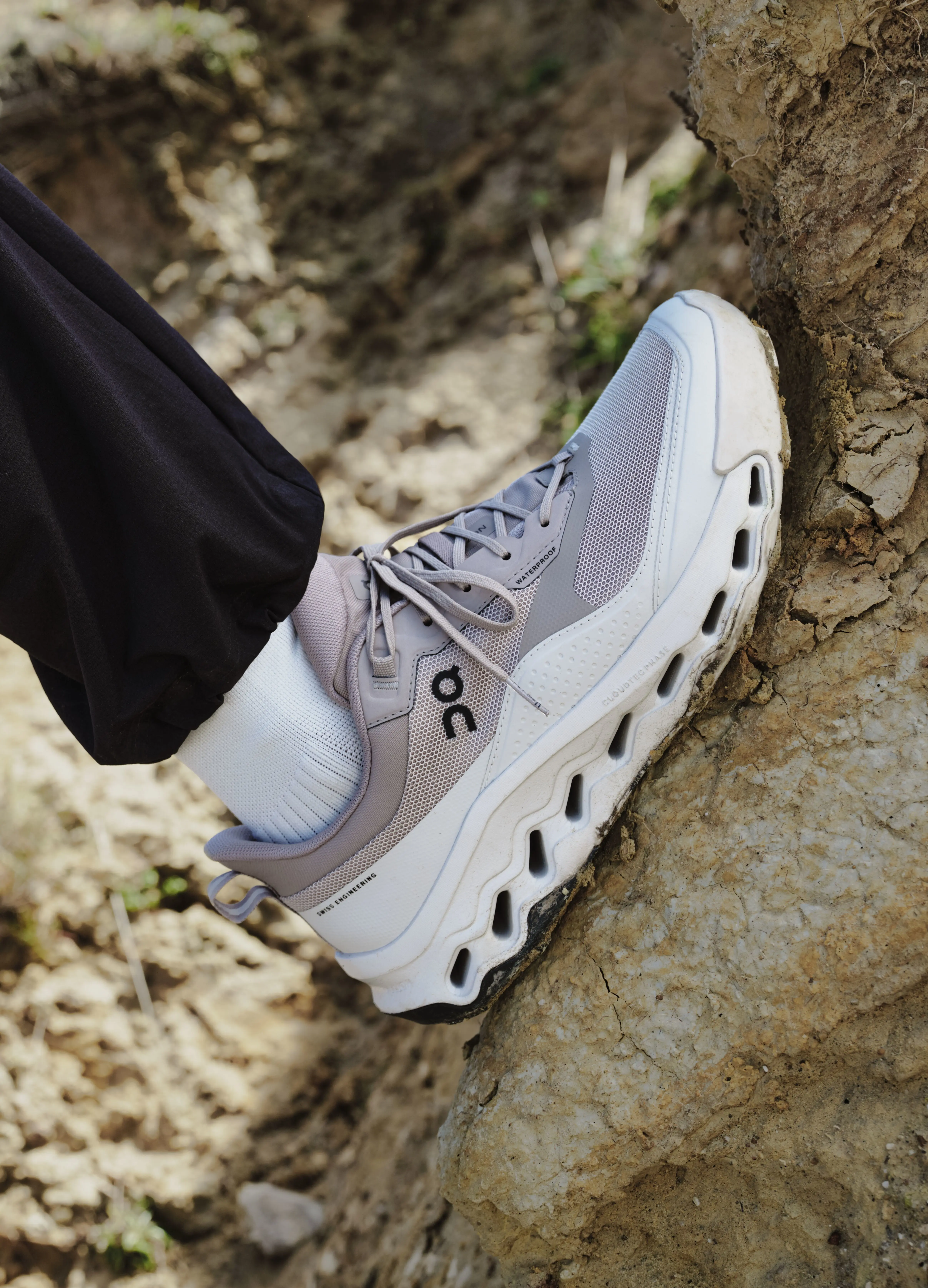 An On running shoe propped against a rock.