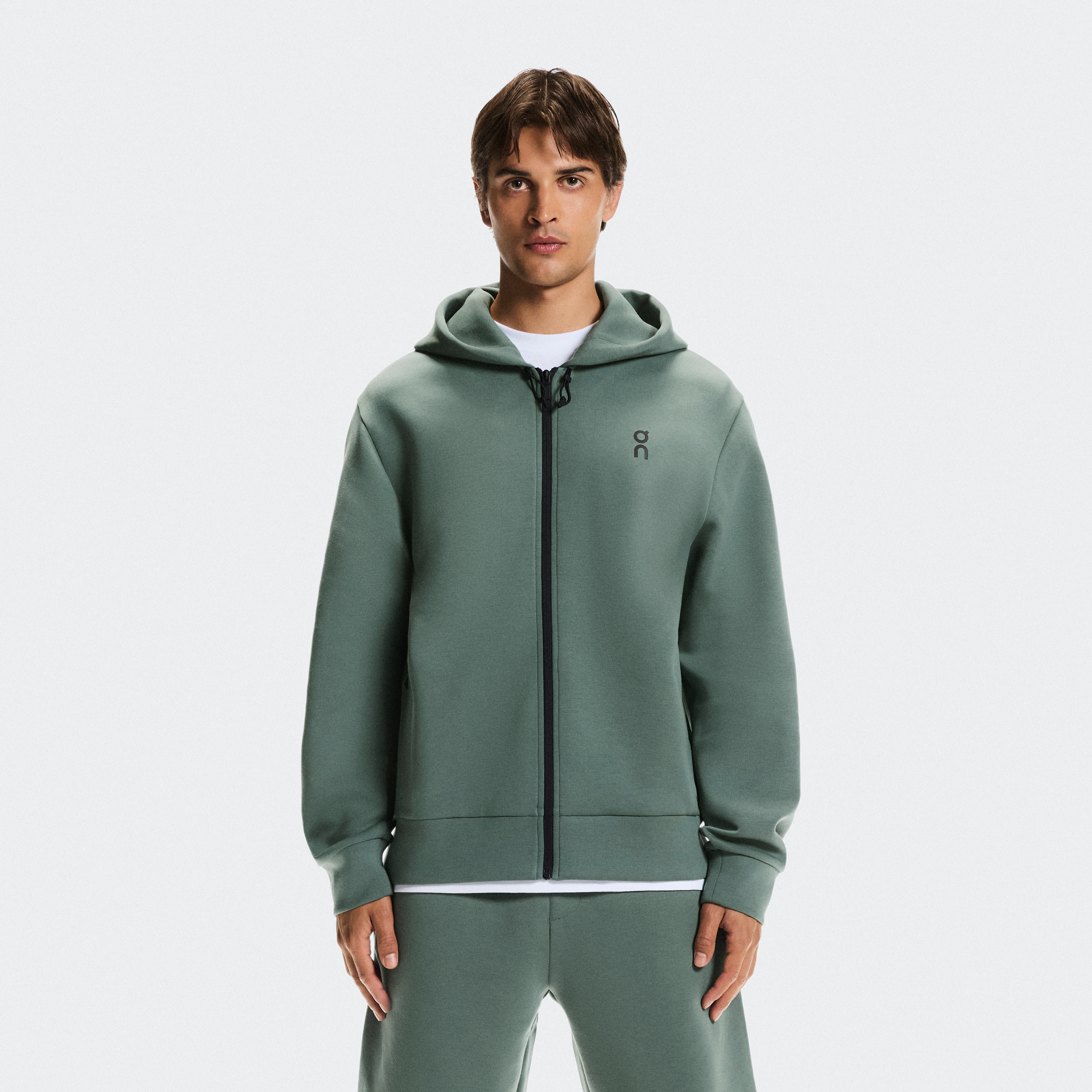 On Focus Tech Zip Hoodie Verde Masculino Masculino – Uso diário, viagens, recuperação Moletons