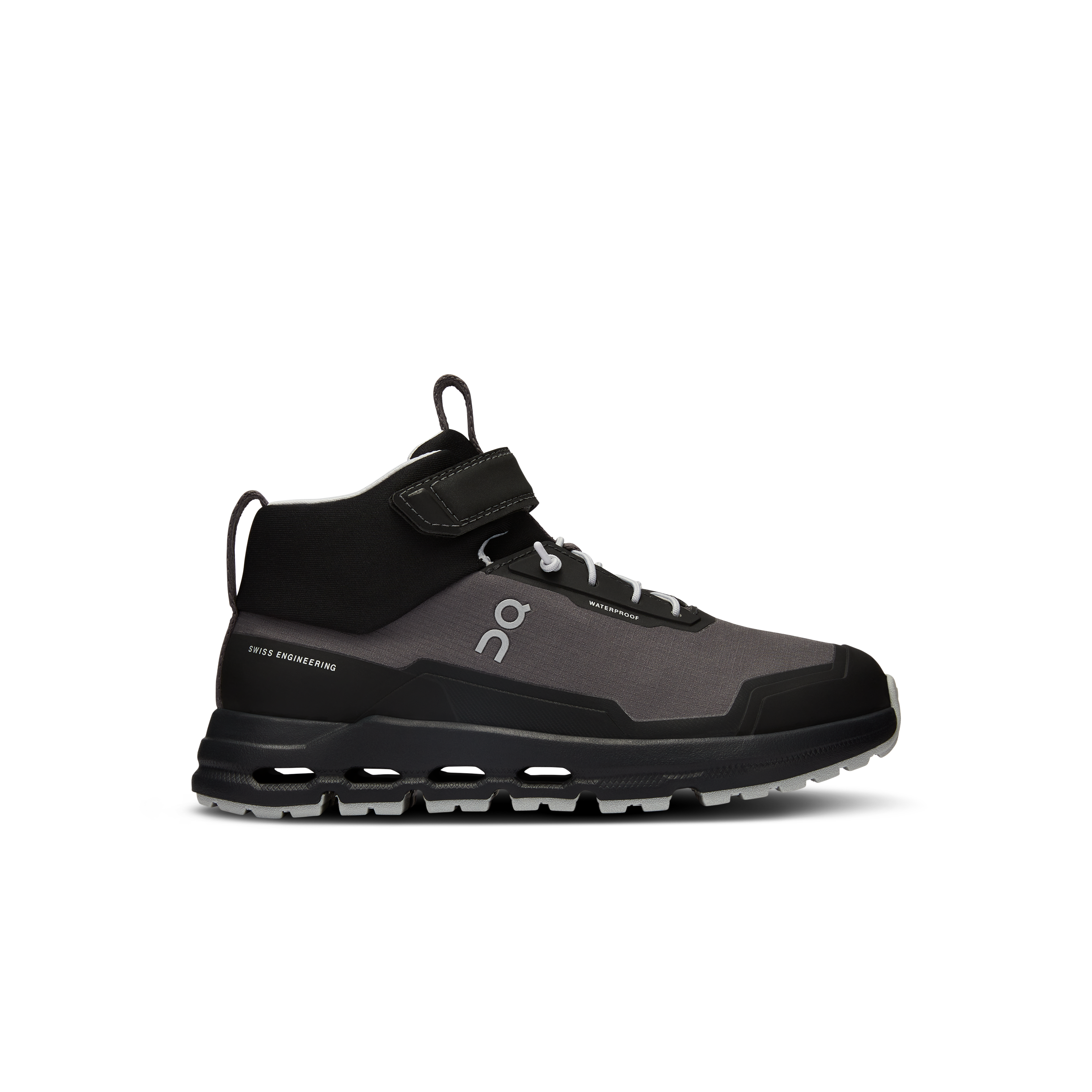 On Cloudhero Mid Waterproof Black Grey Kids Kids – Hiking, Missiongrip™, 4-8 year olds Shoes