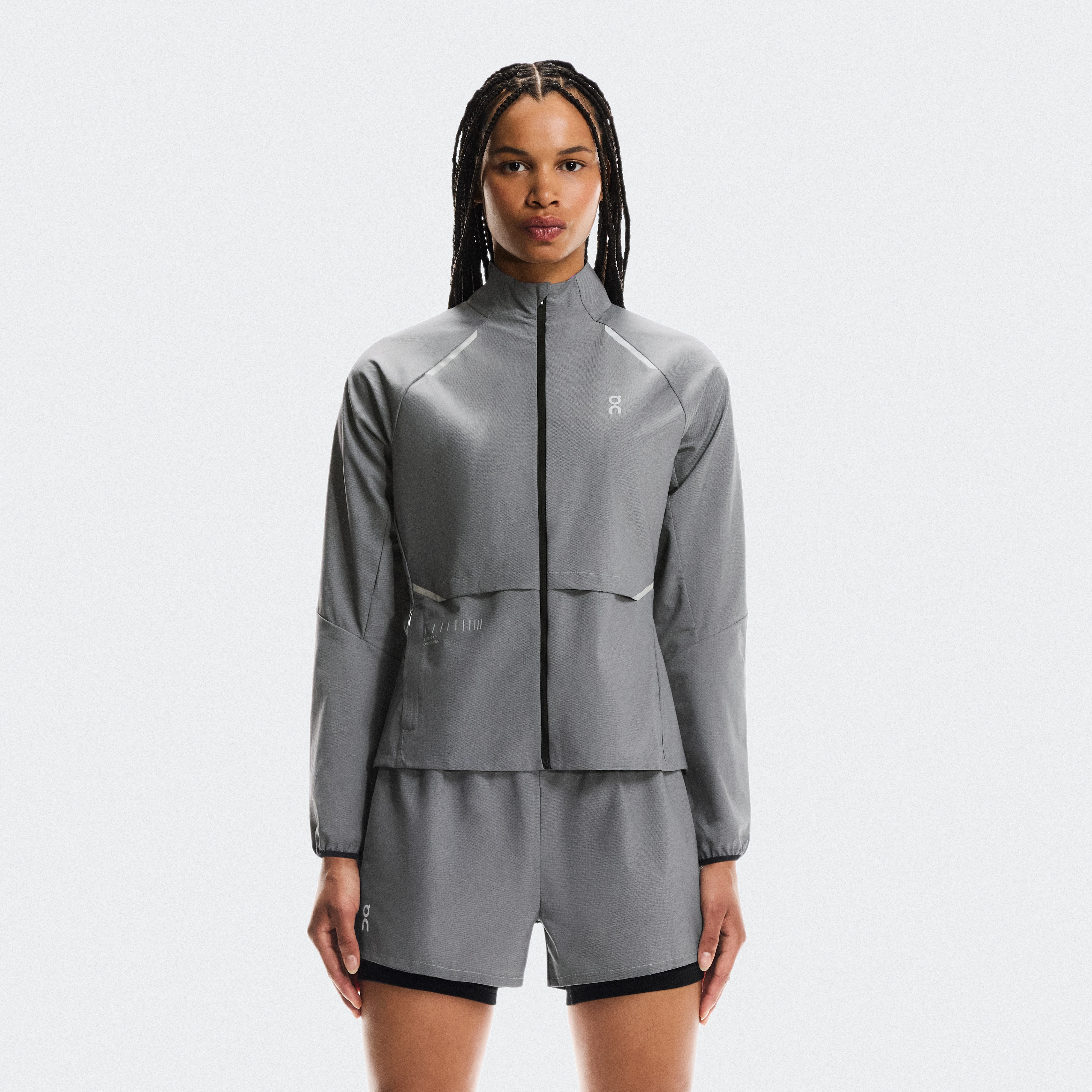On Weather Jacket Lumos Grey Women Women – Road running, reflective, water repellent Jackets