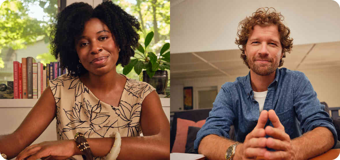 A woman and a man smiling at the camera in office settings.