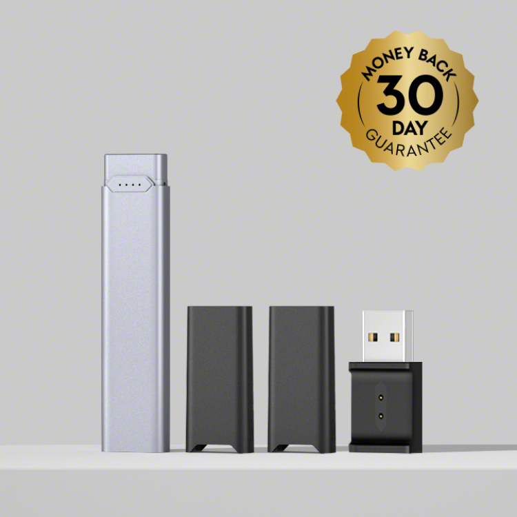 JUUL2 Device with JUUL2 Charging Dock and 2 JUUL2 pods against gray background and 30 Day Money Back Guarantee badge icon.